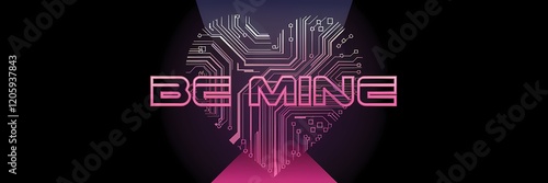 Wallpaper Mural A minimalist, futuristic Valentine's Day poster with the text "Be Mine". There is a heart made of circuitry in the background. The text and heart are in a retro-futuristic style.  Torontodigital.ca
