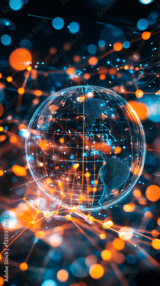 Digital globe rotating with futuristic network connections and glowing dots, representing global communication and technology Digital globe rotating with futuristic network connections and glowing dots, representing global communication and technology