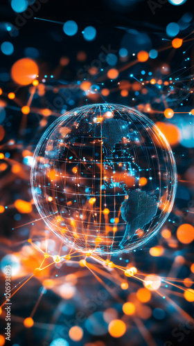 Digital globe rotating with futuristic network connections and glowing dots, representing global communication and technology