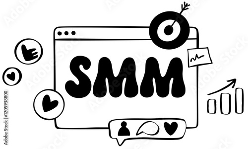 SMM lettering with target, graphs and social media icons	