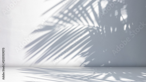 Background of nature cement texture with shadow palm leaves, Empty grey cement wall floor and wall room, Well display product and text present on free space, Luxury backdrop, Spring and summer.