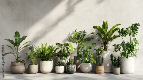 A collection of potted plants against a textured wall photo