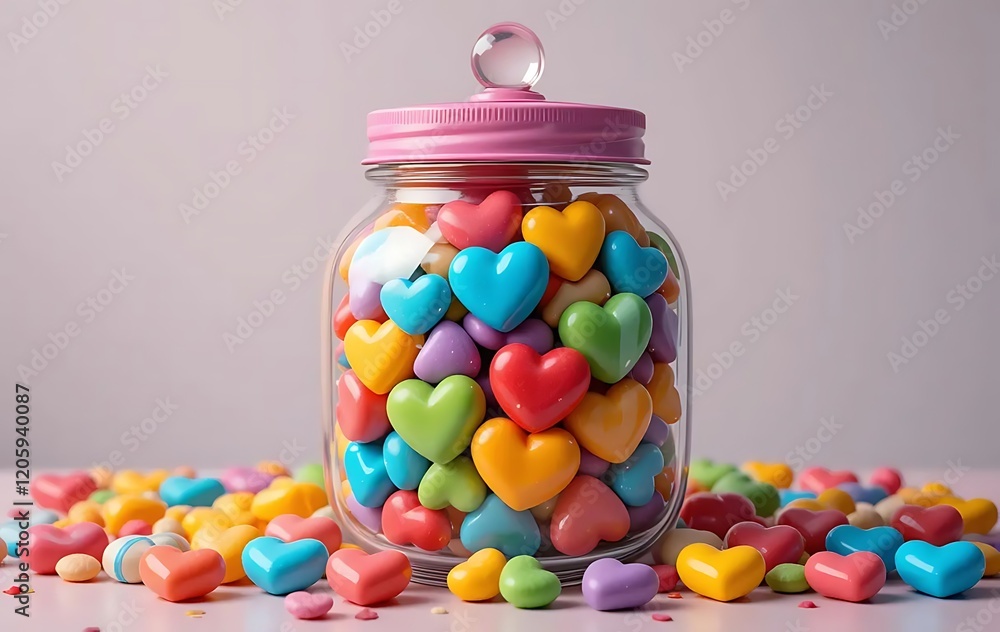 Transparent glass jar, colorful round candies, M&Ms, pastel background, studio lighting, high-resolution, product photography, vibrant colors, Transparent glass jar, colorful round candies, M&Ms, pastel background, studio lighting, high-resolution, product photography, vibrant colors,