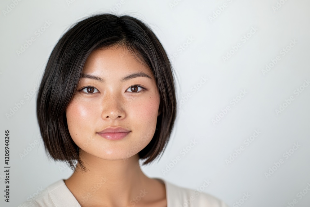 A youthful Asian woman with a bob haircut smiles brightly, showcasing her natural beauty against a plain white background. A youthful Asian woman with a bob haircut smiles brightly, showcasing her natural beauty against a plain white background.