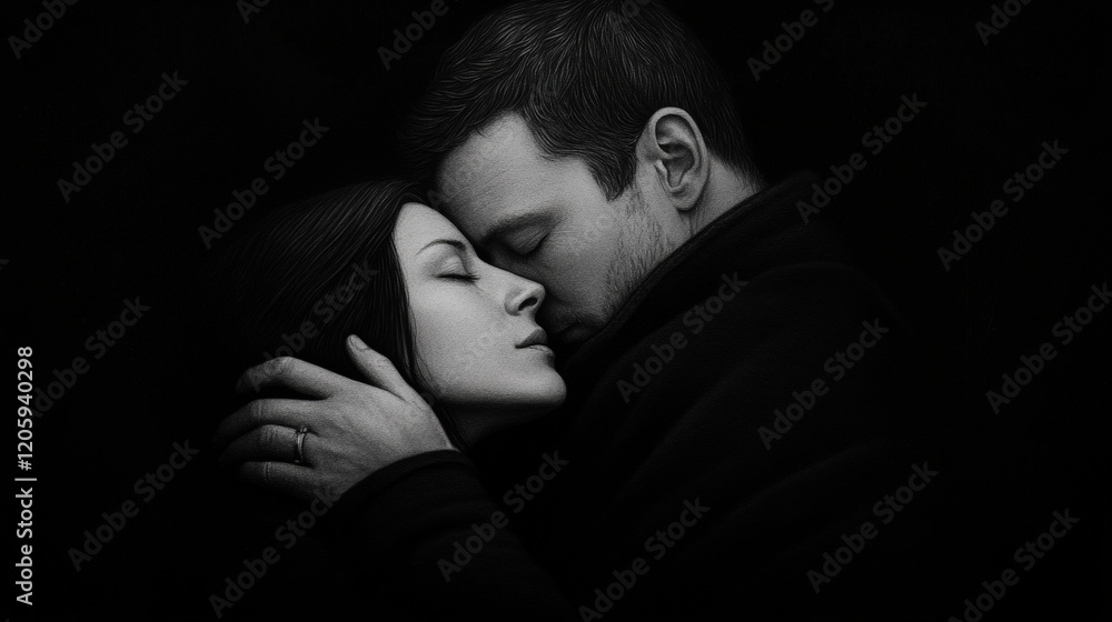 A couple shares an intimate embrace, eyes closed, lost in each other's presence, surrounded by a serene and dark atmosphere