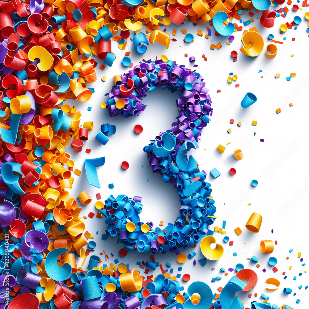 Colorful Number 3 Composed of Confetti Pieces Colorful Number 3 Composed of Confetti Pieces