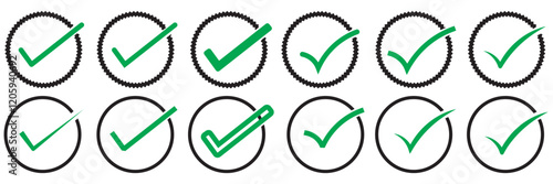 Vector check mark icons. A check mark icon indicates that the task has been completed or that the task has been approved for completion. Green checkbox "Yes".