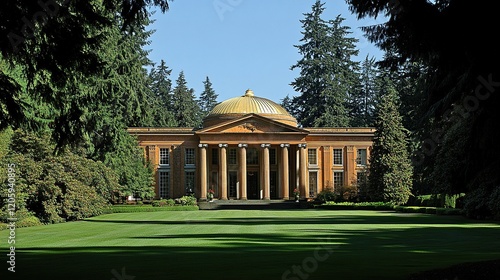 Golden domed capitol building framed by trees on manicured lawn photo