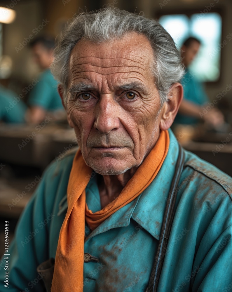 A weathered craftsman gazes intently, wearing a teal shirt and orange scarf, showcasing experience and dedication in his craft. A weathered craftsman gazes intently, wearing a teal shirt and orange scarf, showcasing experience and dedication in his craft.