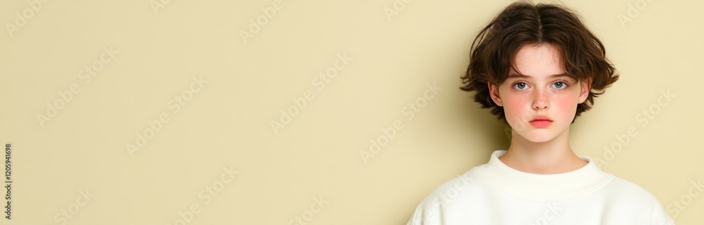 Modern Portrait: Off-Centered Subject Gazing Directly at Camera in Stylish Attire, Highlighting Facial Features with Depth and Texture, Exuding Personality and Artistry Modern Portrait: Off-Centered Subject Gazing Directly at Camera in Stylish Attire, Highlighting Facial Features with Depth and Texture, Exuding Personality and Artistry