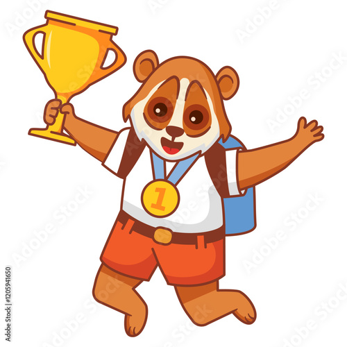 Happy cute kid lori win game gold trophy.Lori character with gold medal holding up a gold cup trophy.Isolated on white background.Cartoon vector illustration.The winner with an award