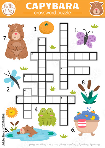 Vector capybara crossword puzzle for kids. Simple quiz with butterfly, tangerine, reeds, frog, bath, dragonfly for children. Cute capibara educational cross word activity with funny animals