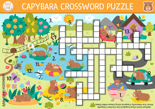 Vector capybara crossword puzzle for kids. Simple quiz with summer nature landscape for children. Educational activity with butterfly, reeds, garden. Capibara cross word with cute animal scene