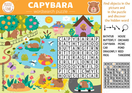 Vector capybara wordsearch puzzle for kids. Simple word search quiz with summer nature landscape. Educational activity with butterfly, reeds, garden. Capibara cross word with cute animal scene