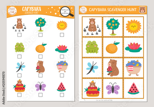 Vector capybara scavenger hunt cards set. Seek and find game with cute animals for kids. Capibara searching activity. Simple educational printable worksheet with butterfly, frog, tangerine