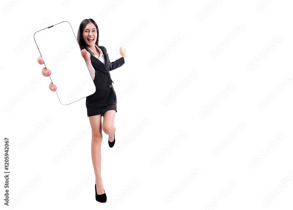 Excited cheerful young businesswoman in a black suit showcasing a blank smartphone screen, ideal for mockups, advertisements, or technology concepts on a white background. Excited cheerful young businesswoman in a black suit showcasing a blank smartphone screen, ideal for mockups, advertisements, or technology concepts on a white background.