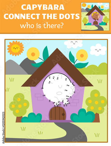 Vector capybara dot-to-dot and color activity with cute animal hiding in house, colored nature scene. Capibara connect the dots game for children. Who is missing printable worksheet