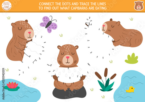 Vector capybara dot-to-dot and color activity with cute animals eating watermelon, pear, ice cream. Capibara connect the dots game for children. What are they eating printable worksheet