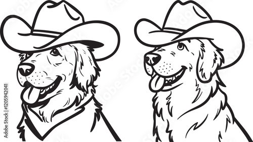 Golden Retriever in Cowboy Hat Line Art silhouette Illustration for Coloring | Line art drawing of a golden retriever dog wearing a cowboy hat, perfect for coloring books or creative projects.