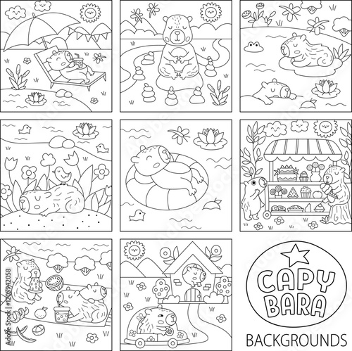 Vector black and white capybara square scenes collection Capibara landscape illustration or coloring page for kids. Cute line nature scenes set with adorable animals relaxing, meditating