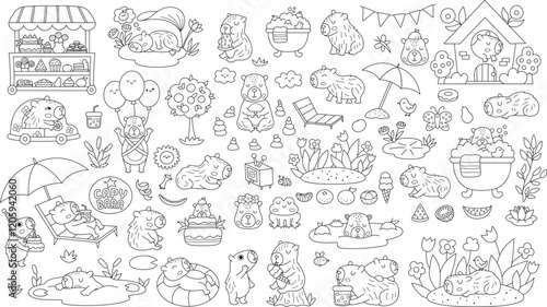 Big black and white vector capybara set. Cute line capibara animals coloring page with bath, fruit, reeds, birds. Funny guinea pigs meditating, sleeping, relaxing, swimming with tangerines