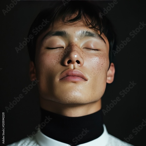 Close-up portrait of a serene young man with eyes closed, wearing a turtleneck.