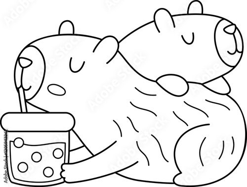 Vector black and white capybara icon. Cute line capibara sitting on each other and drinking bubble tea. Funny animal illustration isolated on white background. Guinea pig clipart, coloring page