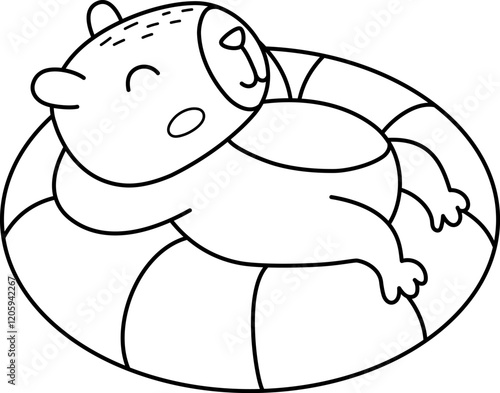 Vector black and white capybara icon. Cute line capibara lying and swimming on floatie. Funny animal illustration isolated on white background. Comic guinea pig clipart, coloring page