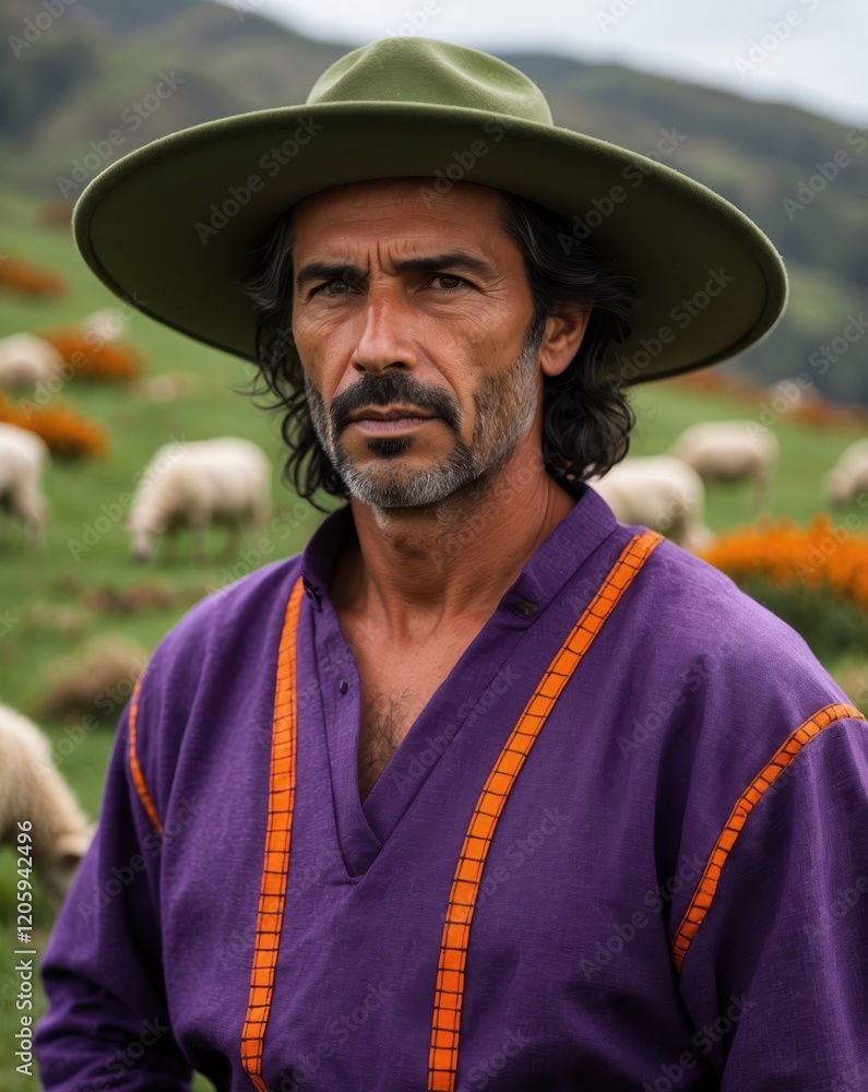 A rugged shepherd in traditional attire stands amidst a lush landscape with sheep grazing in the background, exuding a sense of strength and connection to nature. A rugged shepherd in traditional attire stands amidst a lush landscape with sheep grazing in the background, exuding a sense of strength and connection to nature.