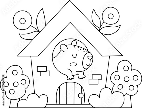 Vector black and white capybara icon. Cute line capibara sitting in little house with flowers. Funny animal illustration isolated on white background. Comic guinea pig clipart, coloring page