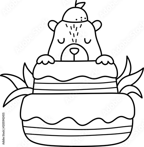 Vector black and white capybara icon. Cute line capibara sitting in tangerine cake. Funny animal illustration isolated on white background. Comic trendy guinea pig clipart, coloring page