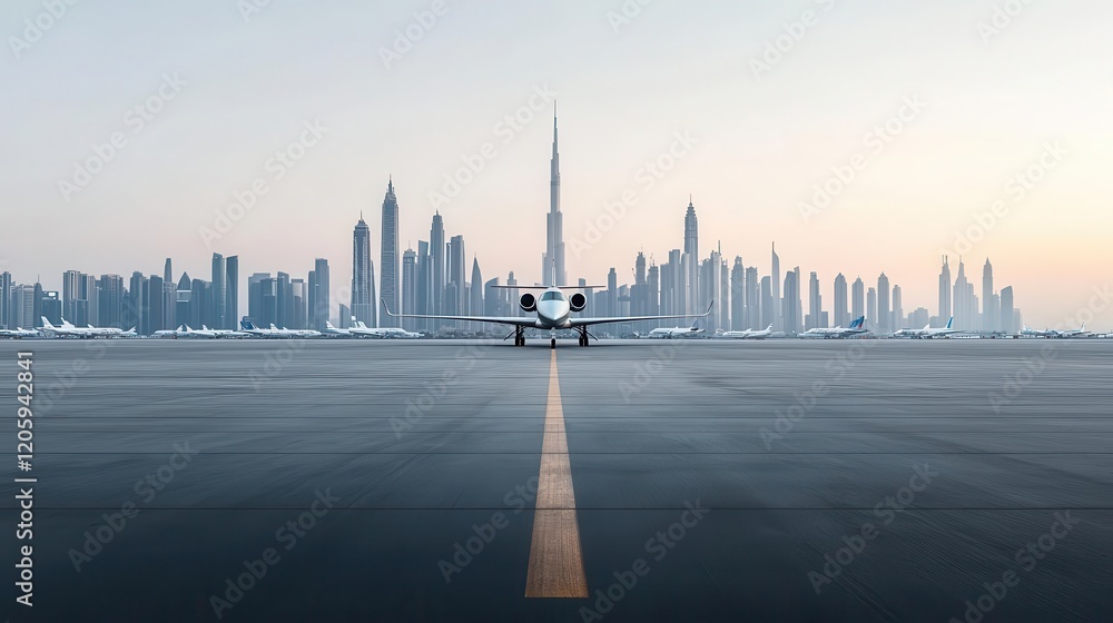 Obraz premium Expansive airport tarmac with private aircraft aligned and the city skyline in the background, tarmac, private jets, city skyline
