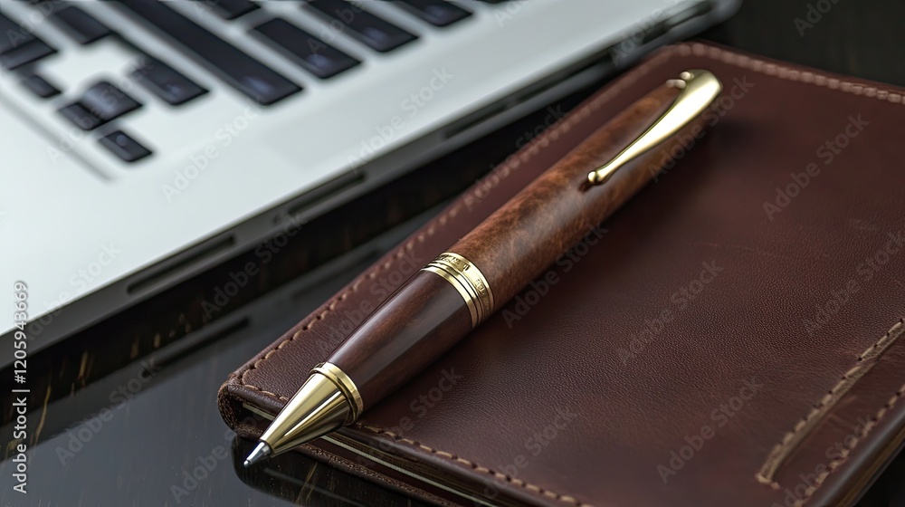 Elegant Wood And Gold Pen Rests On Leather Notebook Near Laptop Elegant Wood And Gold Pen Rests On Leather Notebook Near Laptop