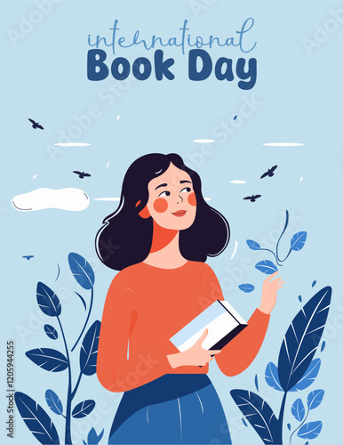 Flat vector illustration of a young woman holding a book and touching a plant on International Book Day. Surrounded by leaves, sky, and birds, celebrating reading and education.