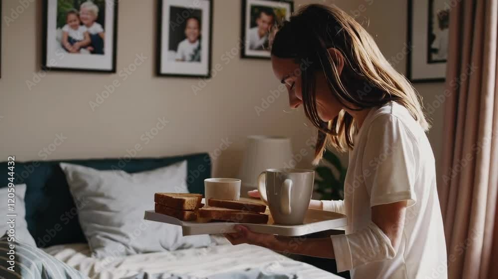 Serving Breakfast in Bed Scene with Fresh Coffee and Toast Footage Serving Breakfast in Bed Scene with Fresh Coffee and Toast Footage