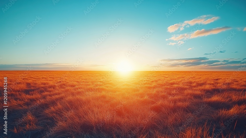 Obraz premium Golden sunset over vast prairie field, cloudy sky background, desktop wallpaper