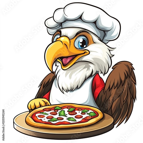 Cartoon eagle chef is holding a pizza