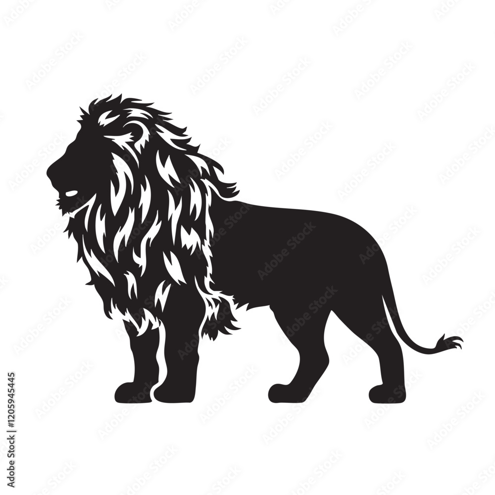 Obraz premium A flat silhouette of a lion standing tall, with its head turned to the side and a majestic mane flowing, black silhouette on a white background.