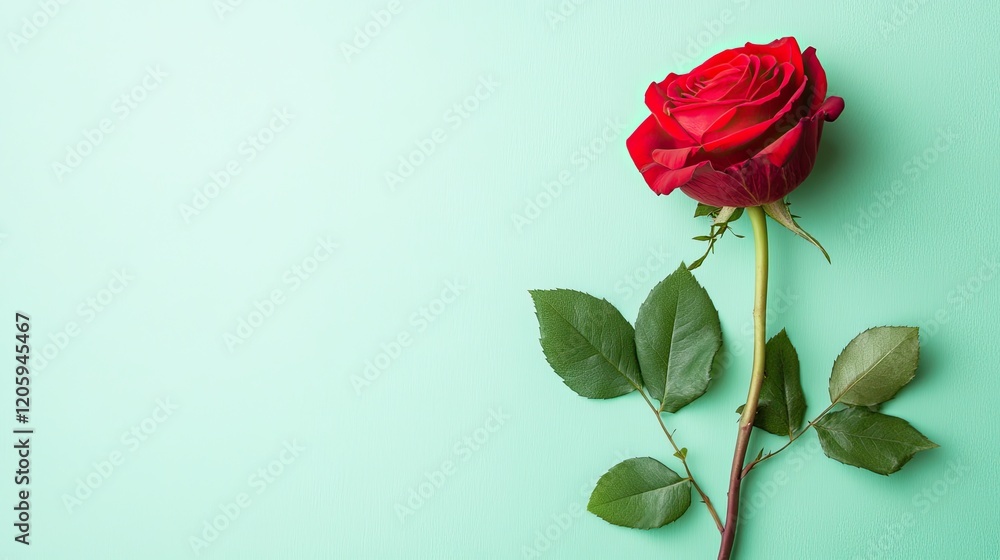 A single red rose on a mint green background A single red rose on a mint green background