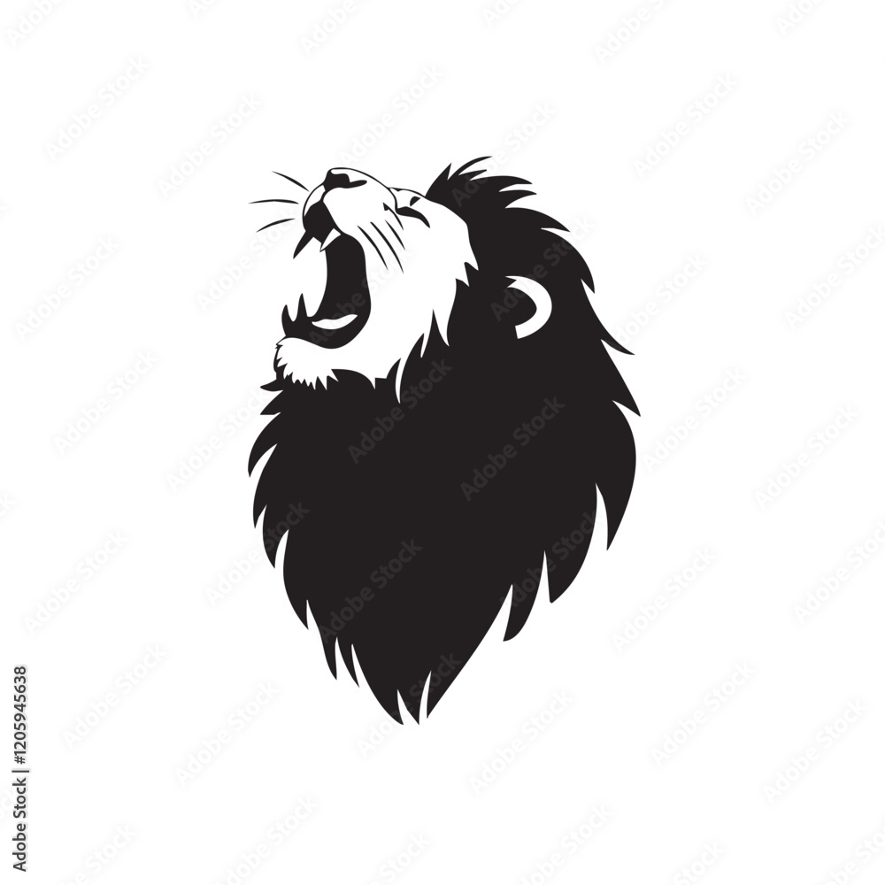 Fototapeta premium A flat silhouette of a lion roaring, with its mouth wide open and head tilted upward, black silhouette on a white background.