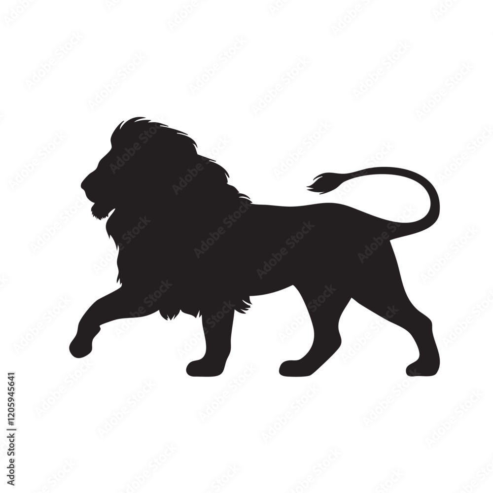 A flat silhouette of a lion walking gracefully, with one front paw slightly raised, black silhouette on a white background. A flat silhouette of a lion walking gracefully, with one front paw slightly raised, black silhouette on a white background.