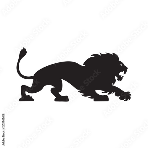 A flat silhouette of a lion in a crouching position, ready to pounce, with its muscles tensed and tail extended, black silhouette on a white background.