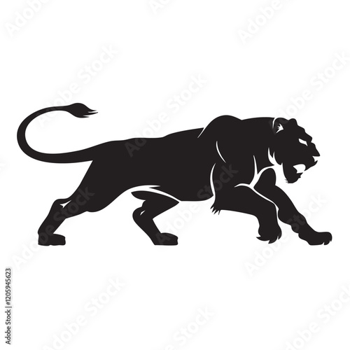 A flat silhouette of a lion in a crouching position, ready to pounce, with its muscles tensed and tail extended, black silhouette on a white background.