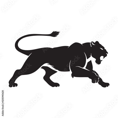 A flat silhouette of a lion in a crouching position, ready to pounce, with its muscles tensed and tail extended, black silhouette on a white background.