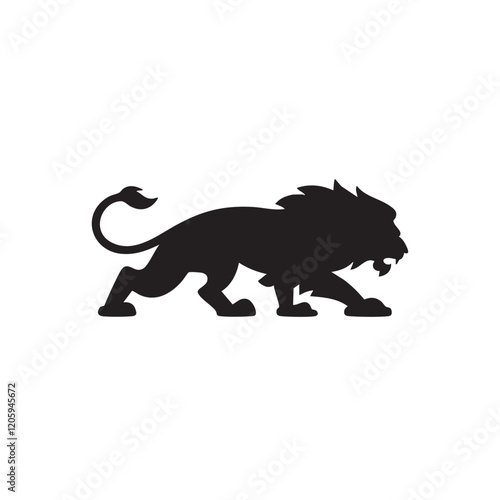 A flat silhouette of a lion in a crouching position, ready to pounce, with its muscles tensed and tail extended, black silhouette on a white background.