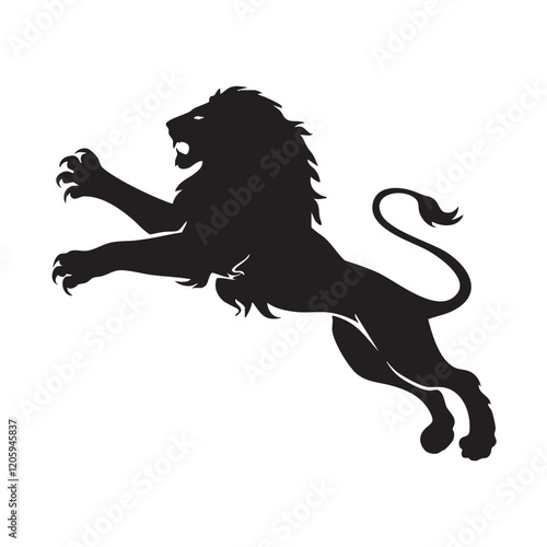 A flat silhouette of a lion leaping mid-air, with its claws extended and body stretched, black silhouette on a white background.