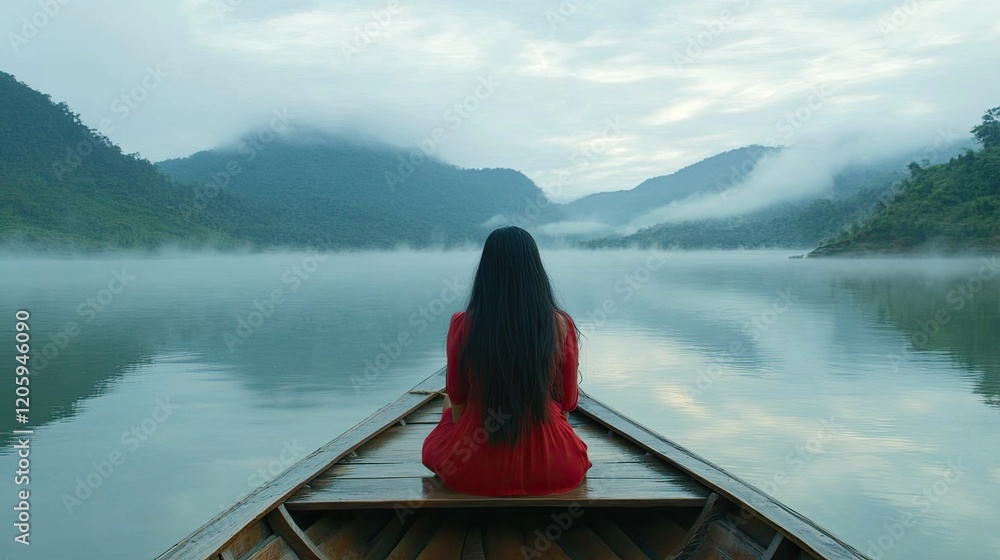 Woman in Red Dress Sits Alone in a Boat on Misty Lake Woman in Red Dress Sits Alone in a Boat on Misty Lake