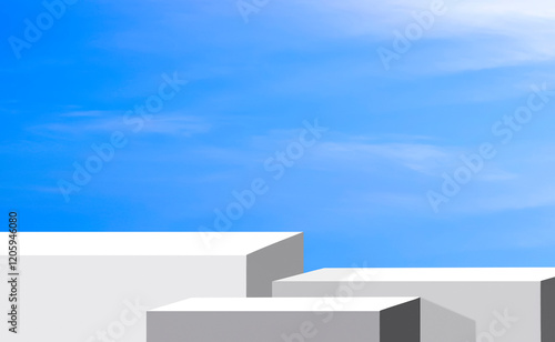 White podium stands step against blue spring sky background, Minimal 3d platform stage backdrop for cosmetic product display presentation, illustration