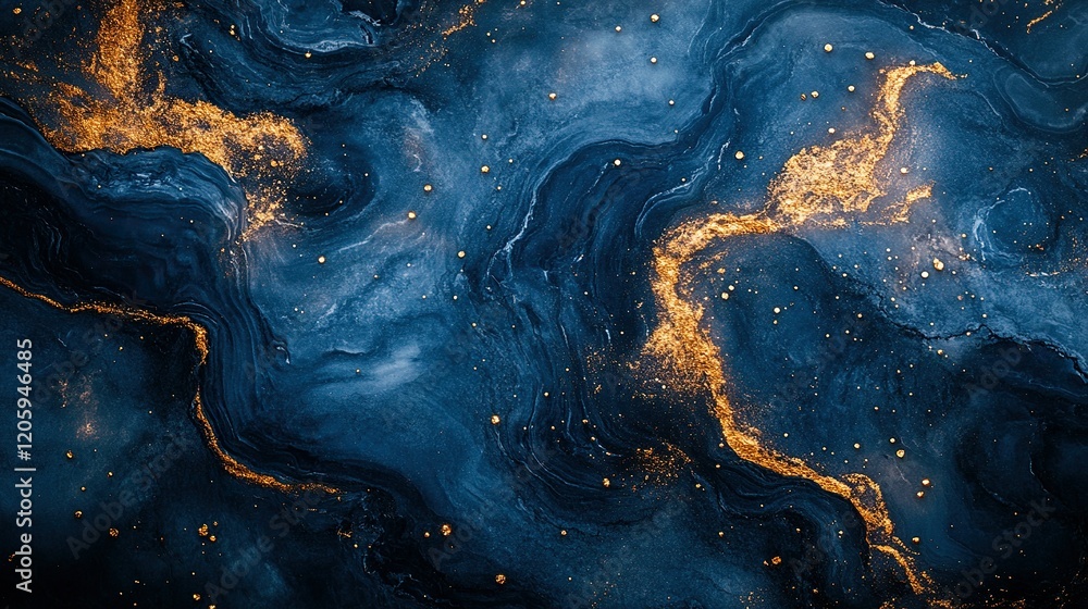 Golden swirls and glitter flow across a dark blue marbled background Golden swirls and glitter flow across a dark blue marbled background