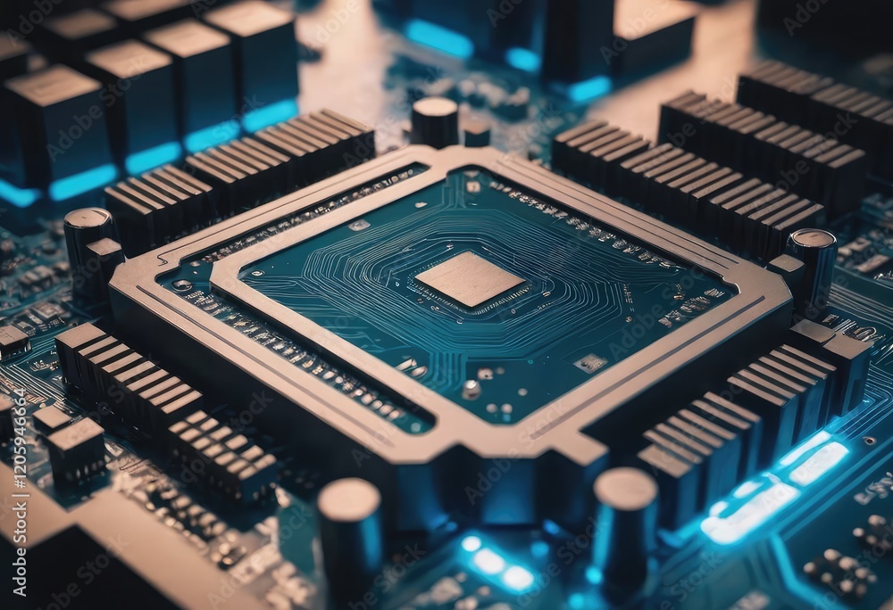 A computer chip is currently sitting on top of a computer motherboard A computer chip is currently sitting on top of a computer motherboard